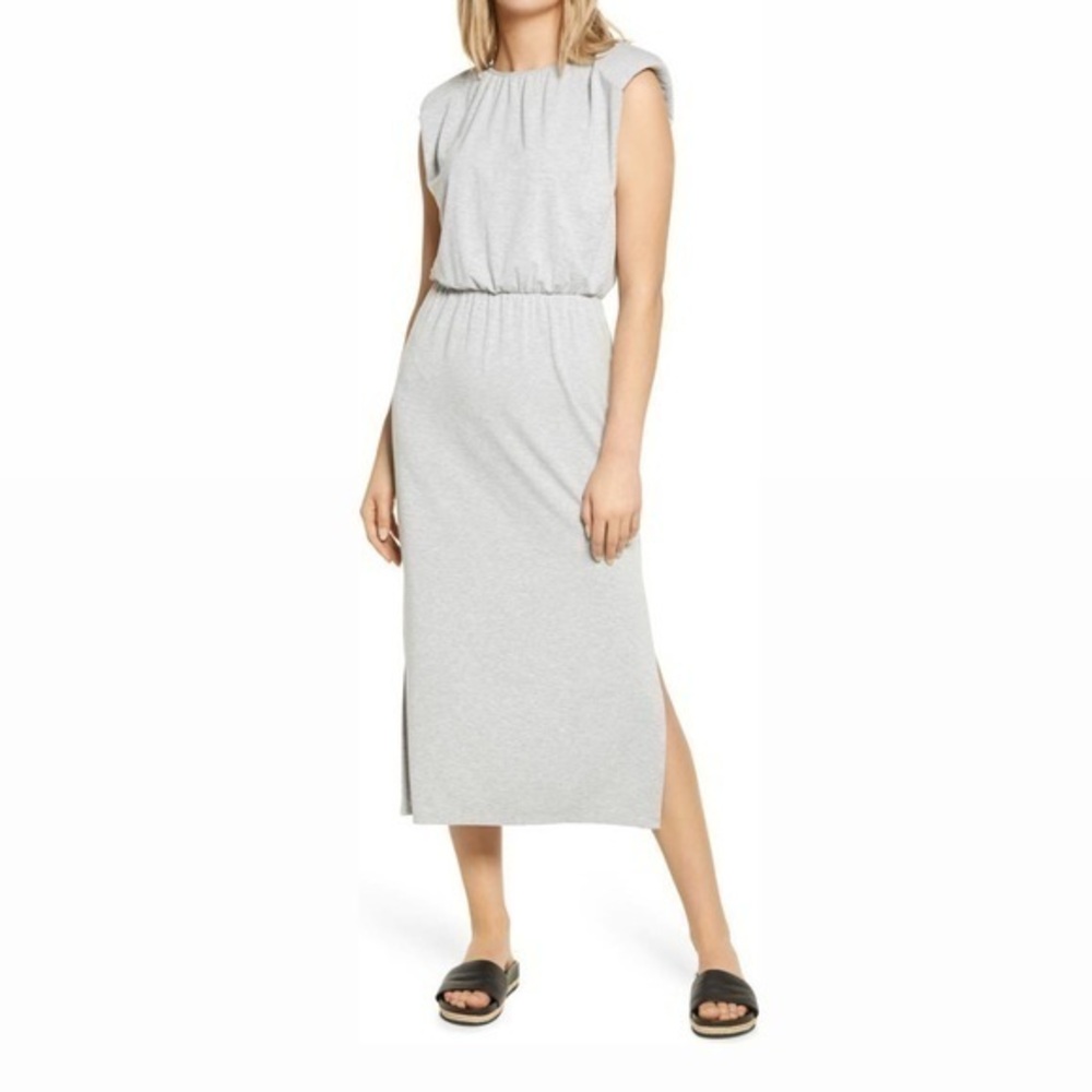 WAYF Padded Shoulder Midi Grey Dress